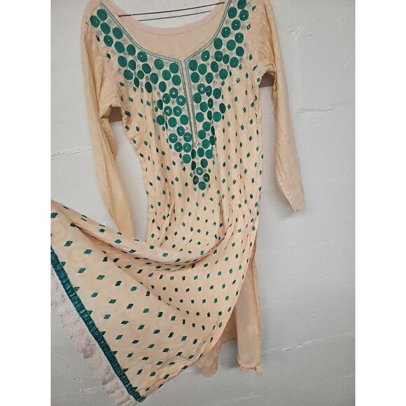 Vintage Cultural Kurta Sheath Floral Pink Green Sheath Indian Dress Sz Small - Picture 5 of 10